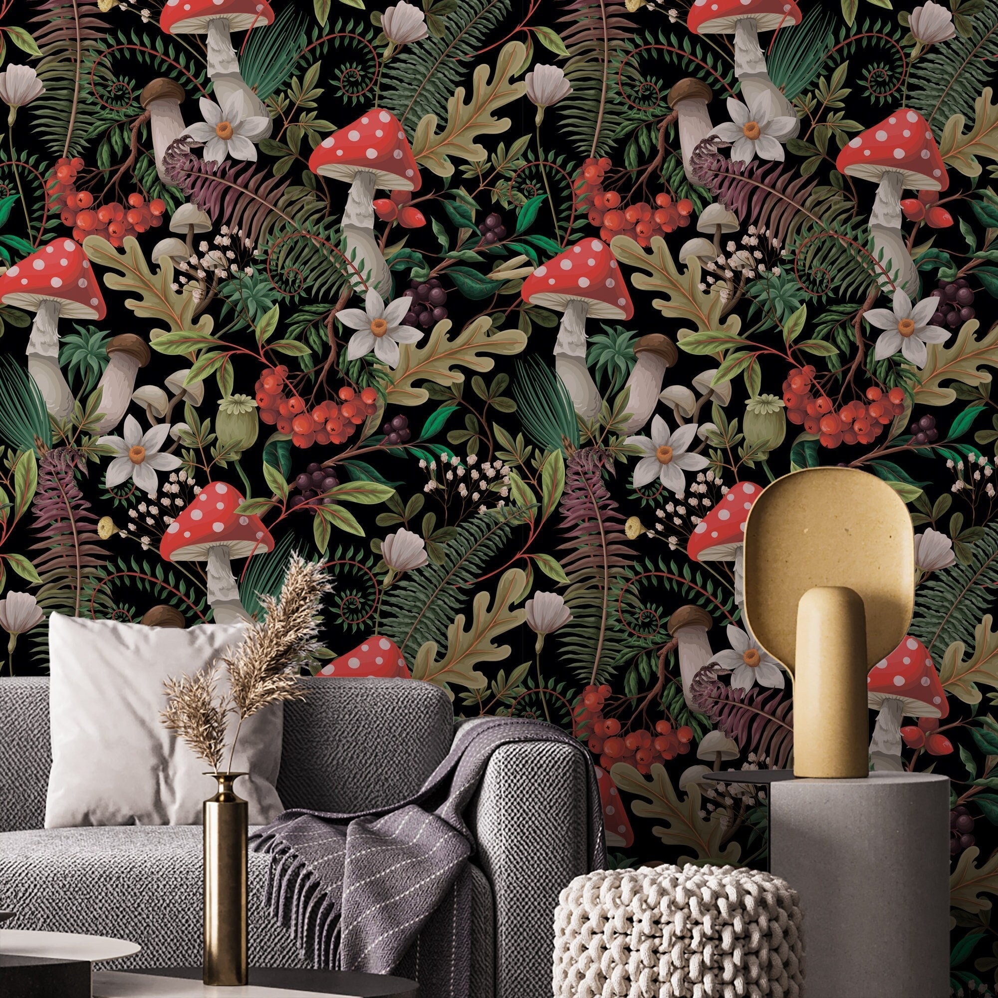 Dark botanical wallpaper, vintage mushroom wall mural, peel and stick ...