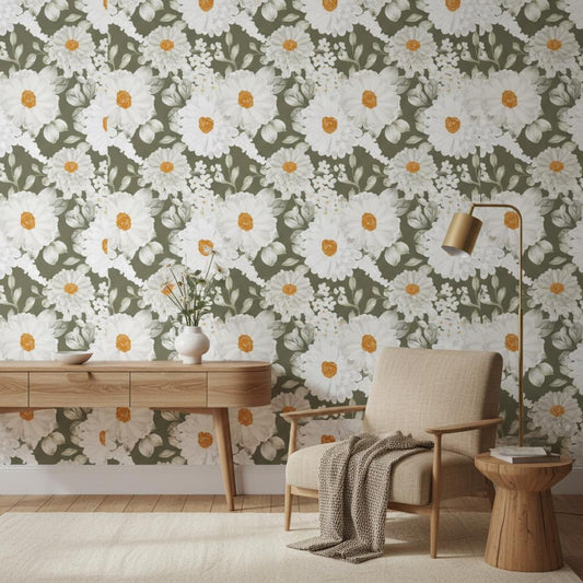 White Daisy Wallpaper Sage Green | Elegant Floral Wall Mural | Organic Luxury Botanical Decor | Peel and Stick