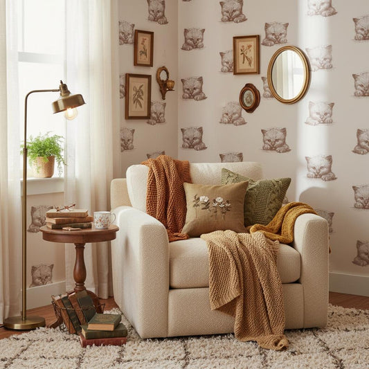 Vintage Kitten Wallpaper Brown Cream | Cute Cat Sketch Nursery | Whimsical Kids Room Decor | Peel and Stick