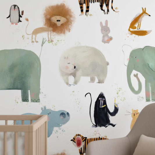 Safari Animal Wallpaper Kids Nursery | Watercolor Elephant Lion Tiger | Modern Children Room Decor | Peel and Stick