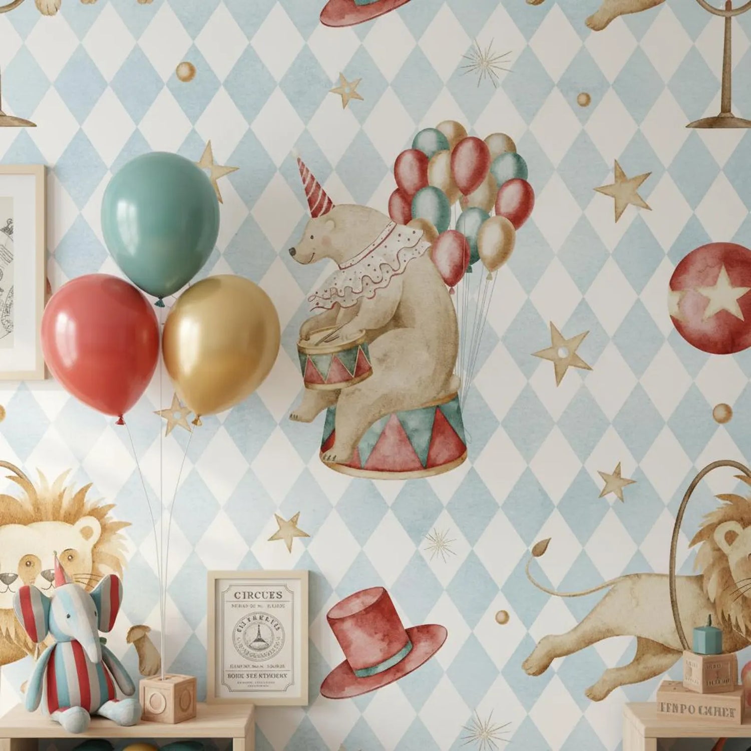 Circus Animal Wallpaper Nursery | Vintage Bear Lion Balloons | Whimsical Kids Room Decor | Peel and Stick
