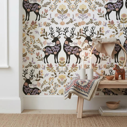Folk Art Deer Wallpaper Botanical | Scandinavian Floral Nursery | Nordic Animal Pattern | Peel and Stick