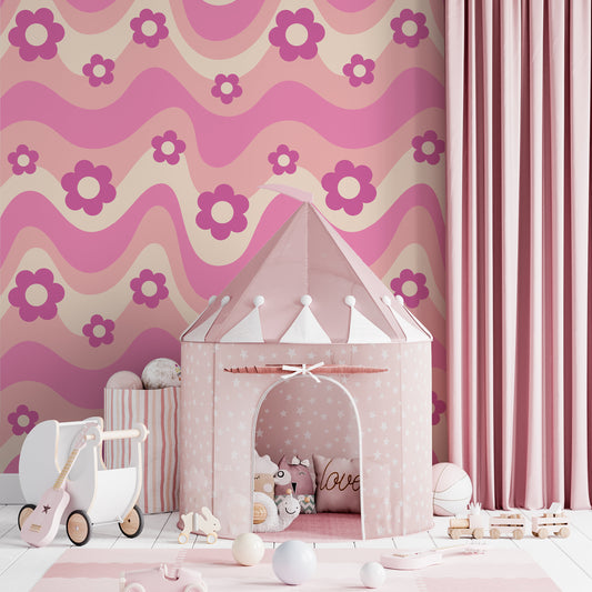 Funky Pink Wave Wallpaper Peel and stick, Baby Girl Wallpaper,  Wall Mural
