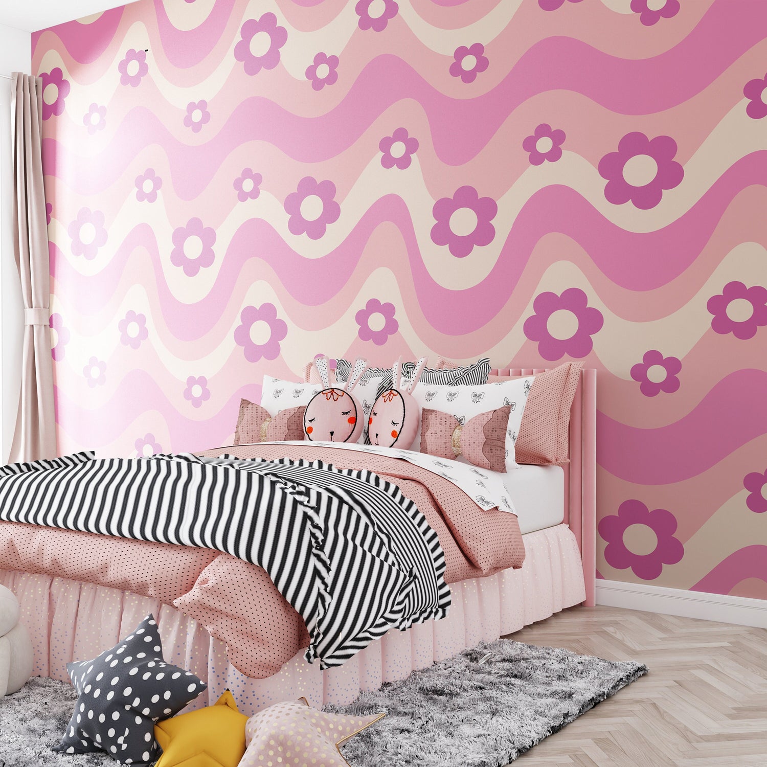 Funky Pink Wave Wallpaper Peel and stick, Baby Girl Wallpaper,  Wall Mural