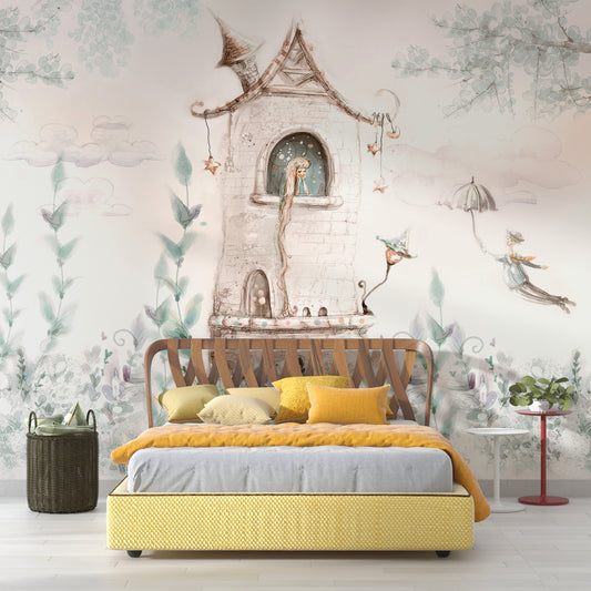 Princess Castle Fairytale Wallpaper, Nursery Wall Mural - Princess in the Tower, Wallpaper for Kids Room