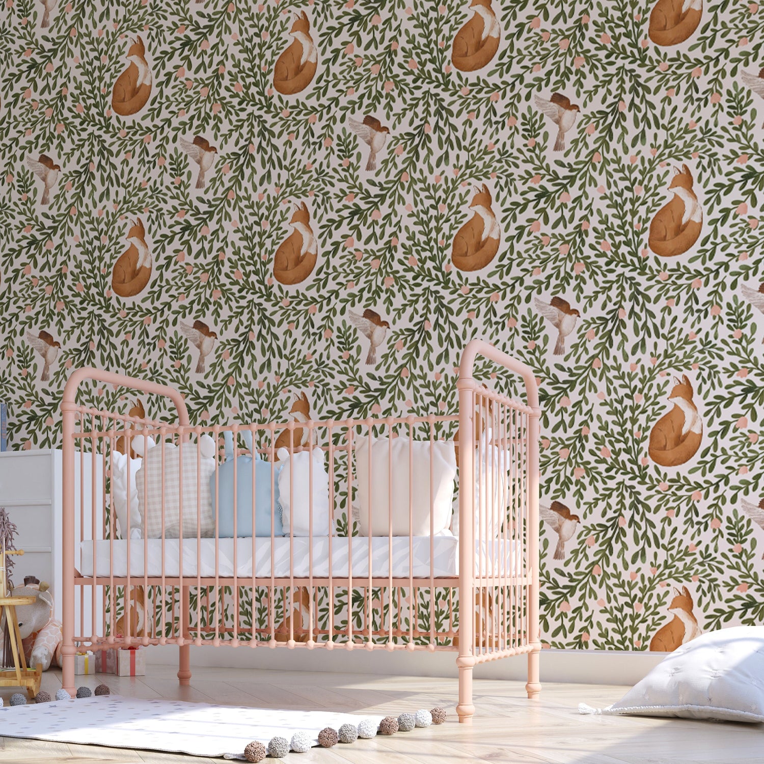 Woodland wallpaper, fox and flowers peel and stick wall mural, nursery wallpaper