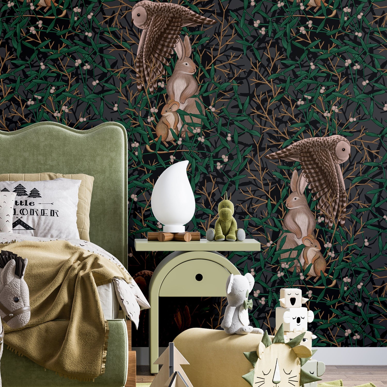 Woodland animals wallpaper, nursery decor woodland, wallpaper with rabbit owl and mouse