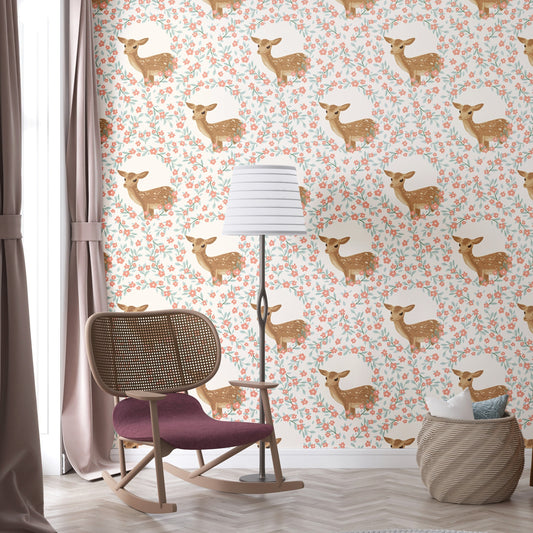 Woodland wallpaper deer and flowers peel and stick  wall mural, nursery decor