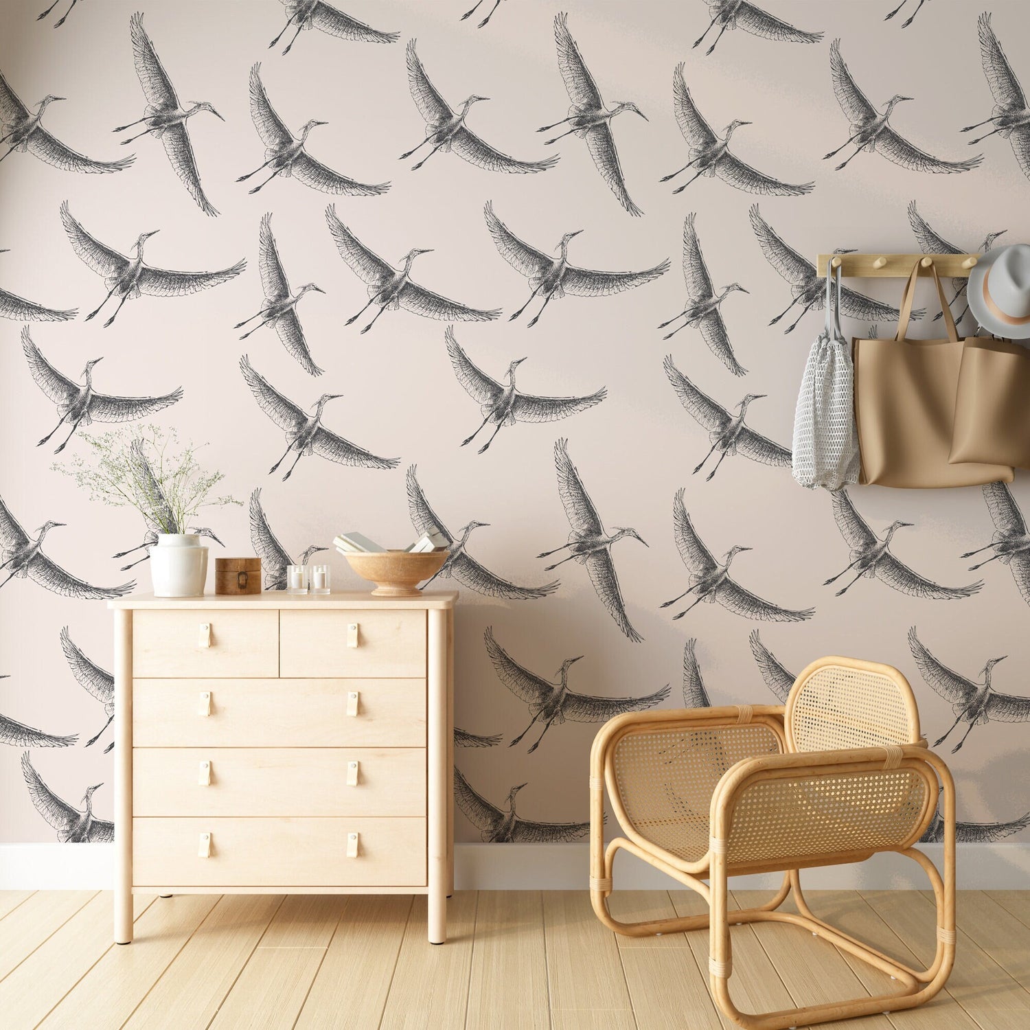 Bird Wallpaper, Flying Crane Peel and stick Wall Mural