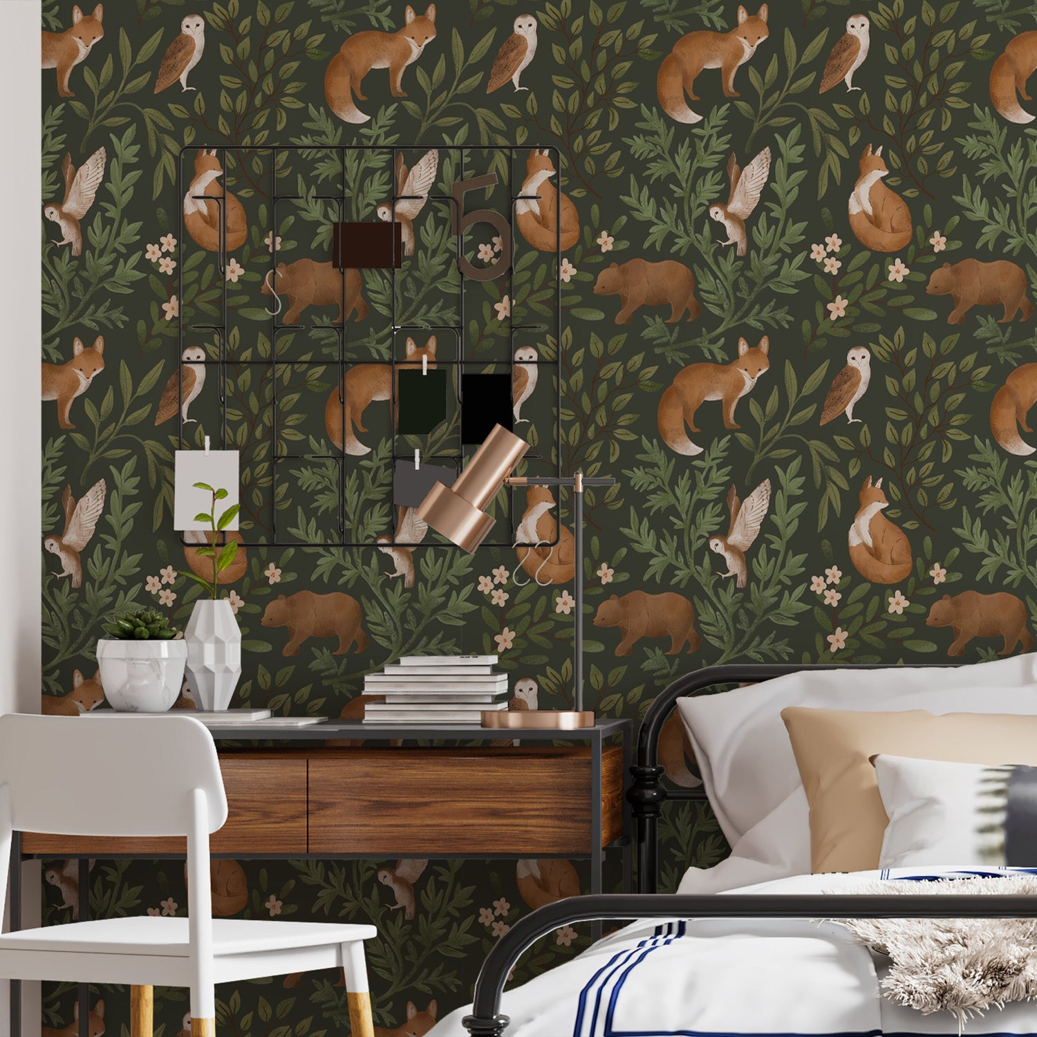 Woodland animals wallpaper, nursery decor woodland, wallpaper with fox owl and bear