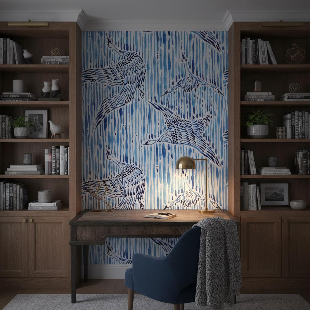 Crane Wallpaper Blue Watercolor | Peel and Stick Bird Wall Mural | Scandinavian Bedroom Decor | Removable Nordic Wallpaper