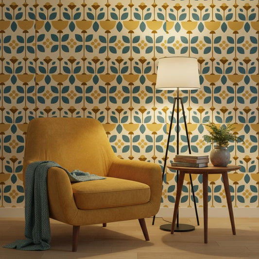 Geometric Floral Wallpaper - Teal & Mustard Scandinavian Peel and Stick | Removable Mid-Century Pattern