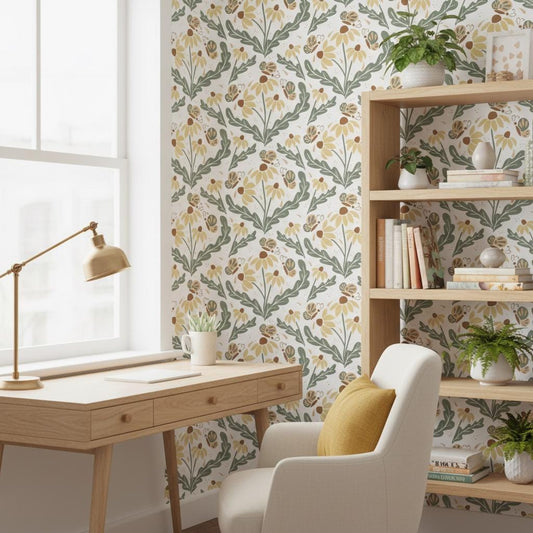 Botanical Wallpaper - Sage Green & Yellow Floral Peel and Stick Art Nouveau Vintage Floral Wall Decor