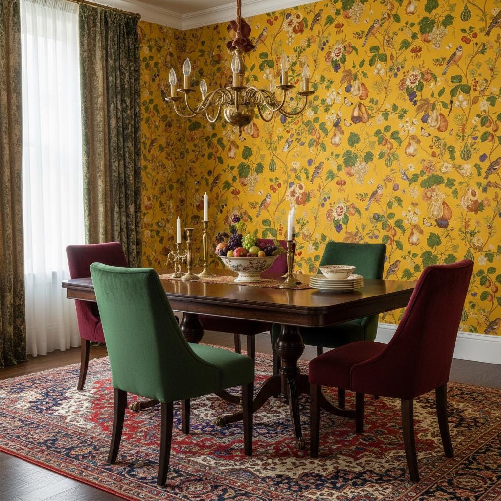 Yellow Botanical Wallpaper Peel and Stick | Vintage Fruit Bird Wallpaper | Maximalist Eclectic Wall Decor