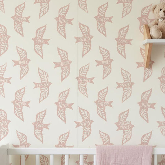 Pink Inspirational Wallpaper Peel and Stick | Motivational Quote Pattern | Nursery Girl Room Decor