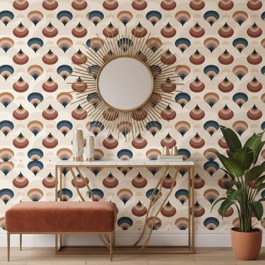 Art Deco Teardrop Wallpaper - Navy Blue & Terracotta Geometric Peel and Stick | Removable Wall Covering