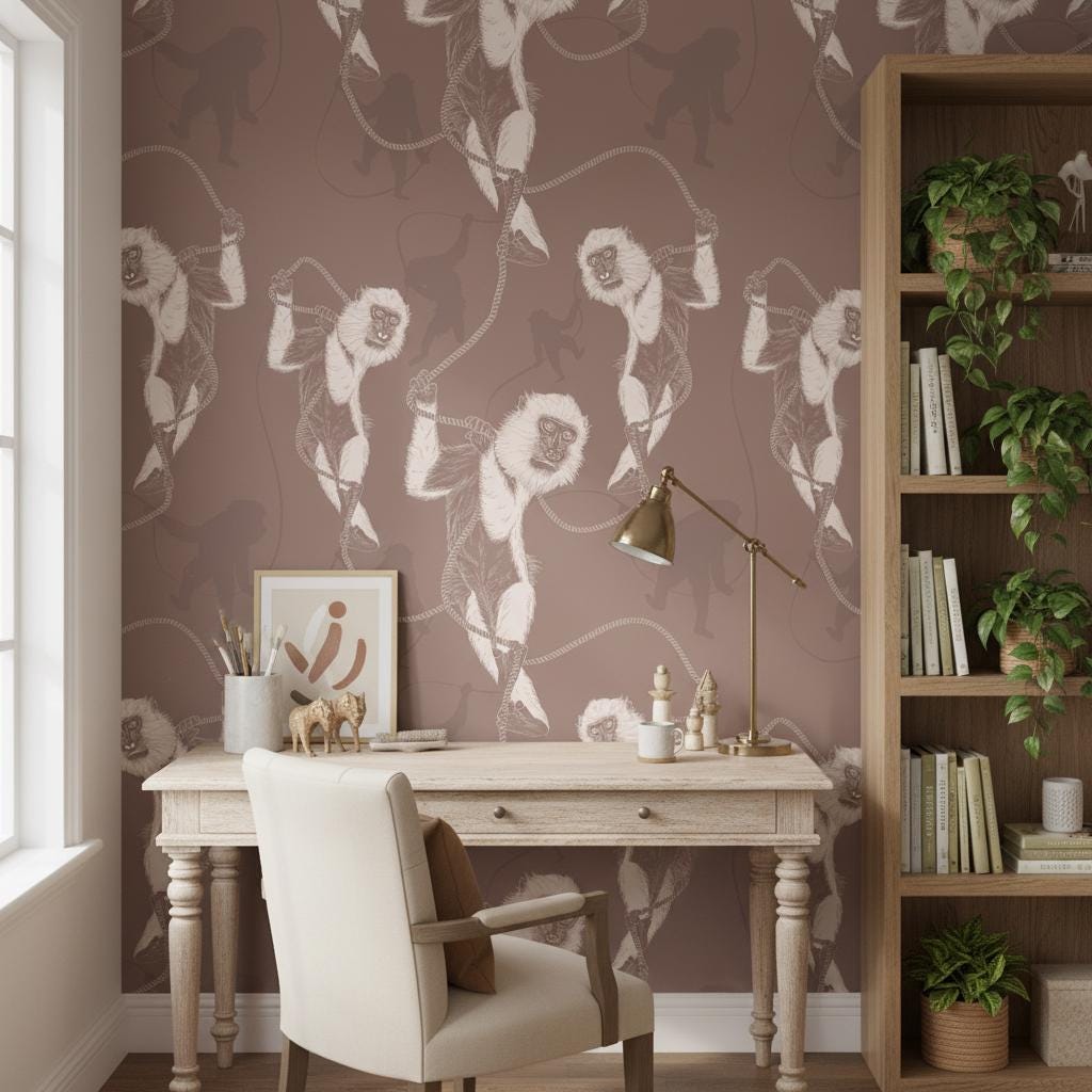 Lemur Wallpaper - Brown Animal Sketch Peel and Stick | Removable Wildlife Pattern