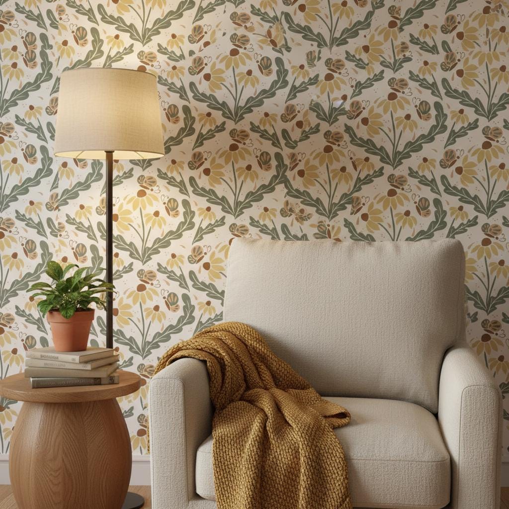 Botanical Wallpaper - Sage Green & Yellow Floral Peel and Stick Art Nouveau Vintage Floral Wall Decor