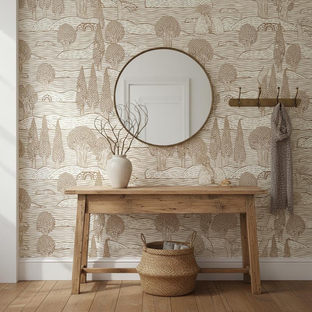 Landscape Wallpaper - Brown Countryside Toile Peel and Stick | Removable Scandinavian Nature Pattern