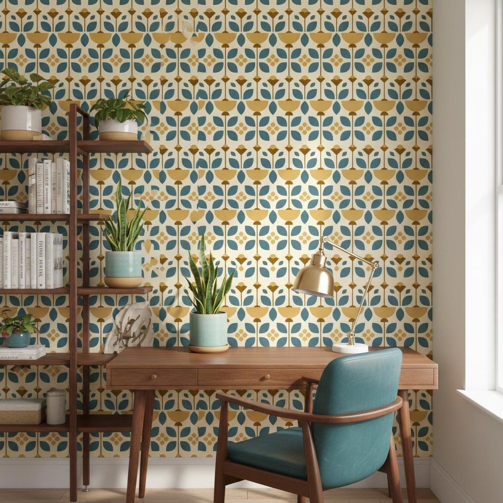 Geometric Floral Wallpaper - Teal & Mustard Scandinavian Peel and Stick | Removable Mid-Century Pattern