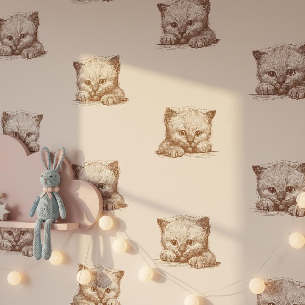 Vintage Kitten Wallpaper Brown Cream | Cute Cat Sketch Nursery | Whimsical Kids Room Decor | Peel and Stick