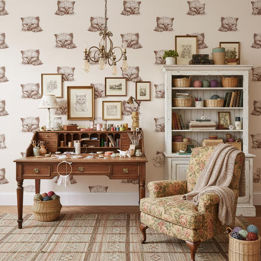 Vintage Kitten Wallpaper Brown Cream | Cute Cat Sketch Nursery | Whimsical Kids Room Decor | Peel and Stick