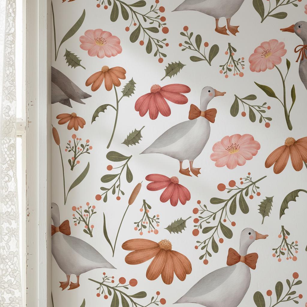 Whimsical Goose Wallpaper Floral | Farmhouse Nursery Decor | Cute Duck Pattern Kids Room | Peel and Stick