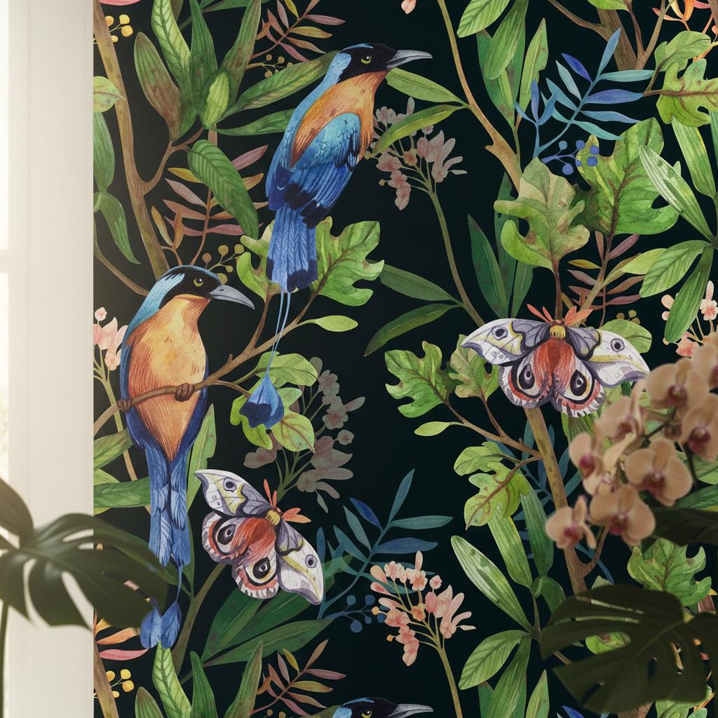 Tropical Bird Wallpaper Dark | Exotic Moth Botanical | Luxury Jungle Mural | Peel and Stick