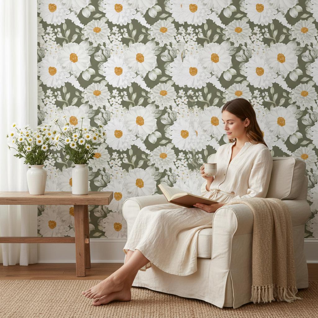 White Daisy Wallpaper Sage Green | Elegant Floral Wall Mural | Organic Luxury Botanical Decor | Peel and Stick