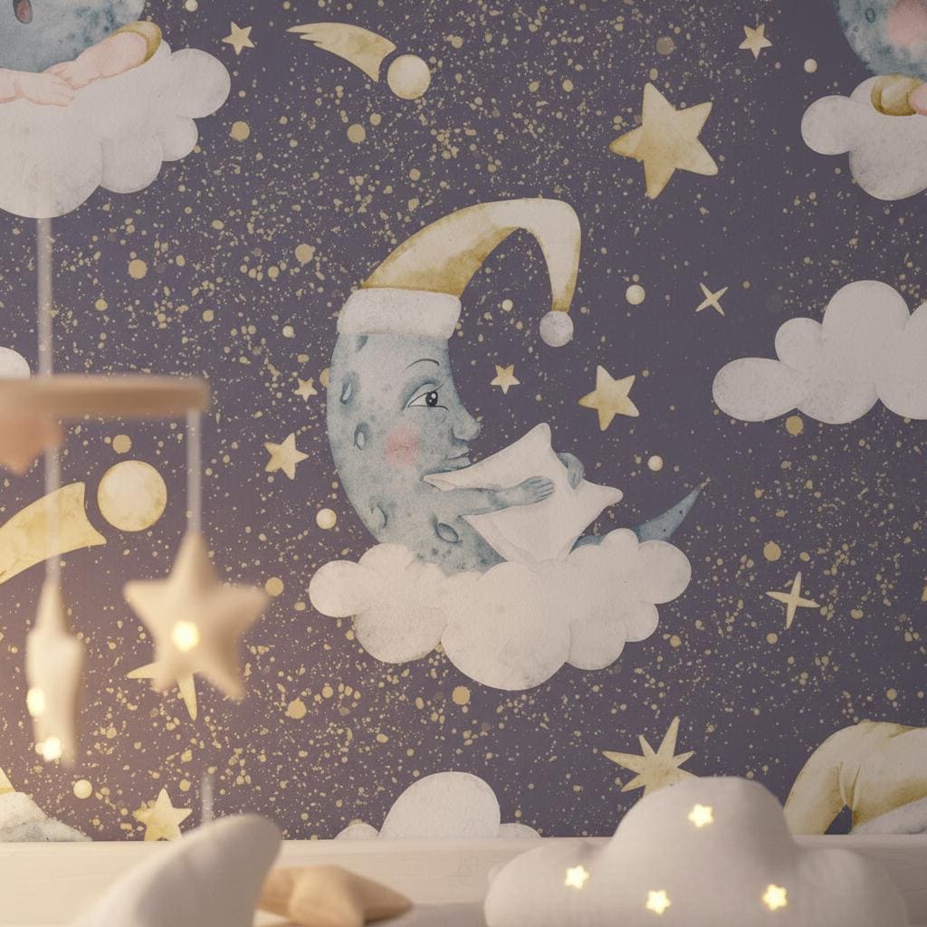 Dreamy Moon Nursery Wallpaper | Sleeping Moon Stars Clouds | Celestial Baby Room Decor | Peel and Stick
