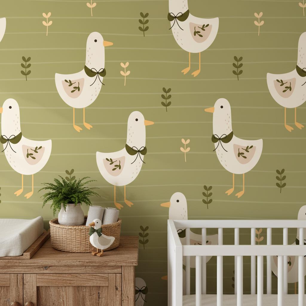 Modern Goose Wallpaper Olive Green | Scandinavian Farmhouse Nursery | Botanical Kids Room Decor | Peel and Stick