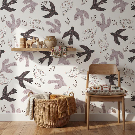 Folk Bird Wallpaper Nursery | Whimsical Floral Birds Cream | Scandinavian Kids Room Decor | Peel and Stic