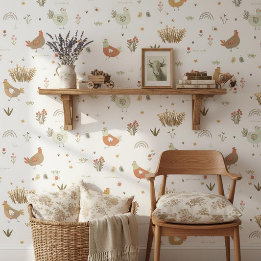 Farmhouse Chicken Wallpaper Nursery | Whimsical Hen Rainbow Kids Room | Cottage Farm Decor | Peel and Stick