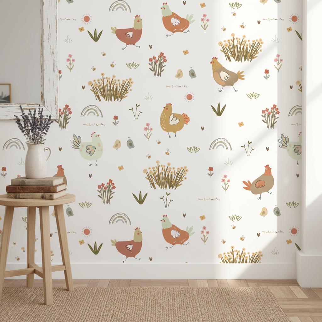 Farmhouse Chicken Wallpaper Nursery | Whimsical Hen Rainbow Kids Room | Cottage Farm Decor | Peel and Stick