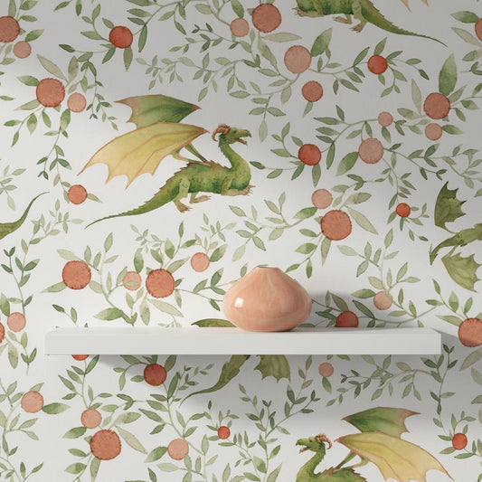 Dragon Wallpaper for Kids Room | Watercolor Nursery Wall Mural | Peel and Stick Removable Wallpaper | Green & Peach Fantasy Decor