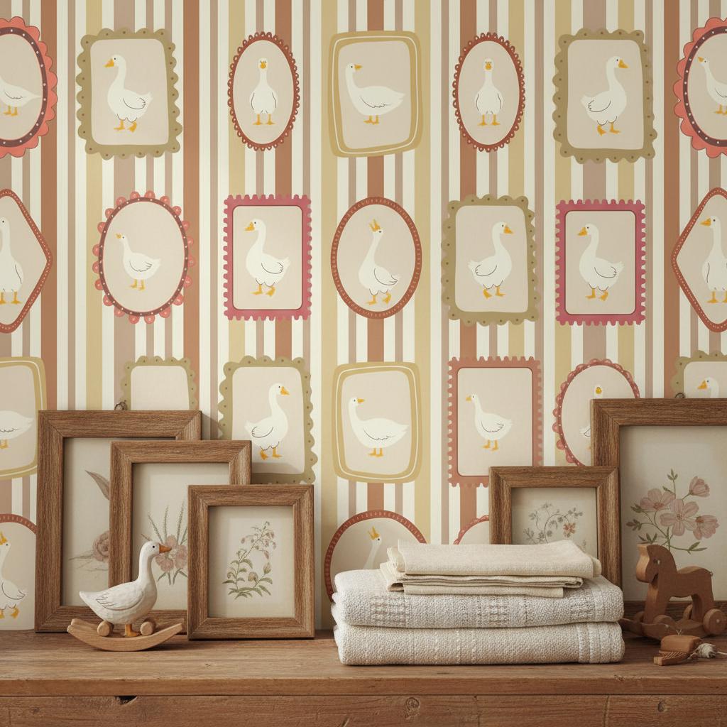 Vintage Goose Wallpaper | Nostalgic Nursery Decor | Cottage Kids Room Stripes | Peel and Stick