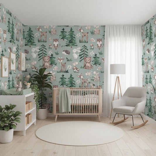 Woodland Animal Wallpaper Nursery | Forest Deer Bear Bunny Owl | Kids Room Sage Green | Peel and Stick