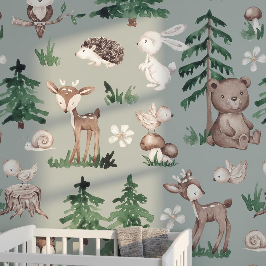 Woodland Animal Wallpaper Nursery | Forest Deer Bear Bunny Owl | Kids Room Sage Green | Peel and Stick