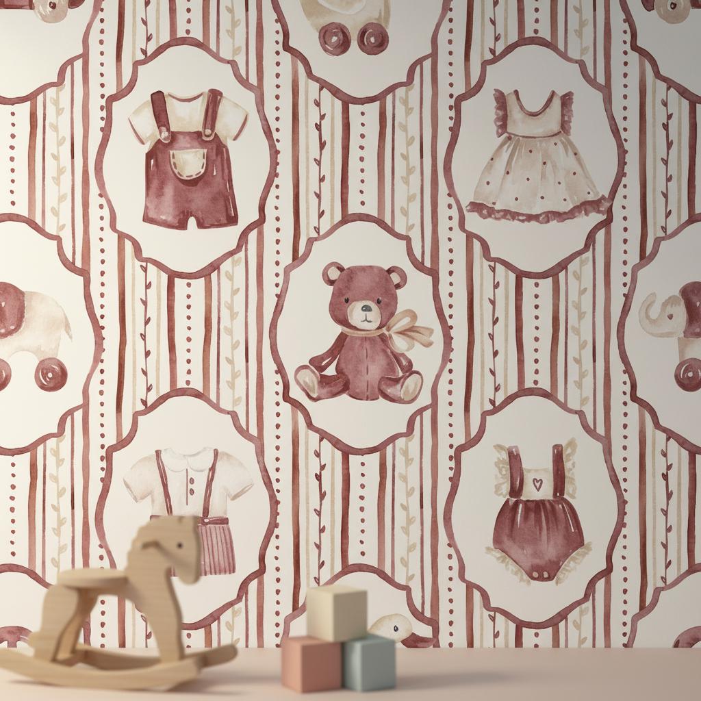 Vintage Baby Nursery Wallpaper | Classic Baby Clothes Teddy Bear | Mauve Cream Nursery Decor | Peel and Stick