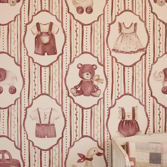Vintage Baby Nursery Wallpaper | Classic Baby Clothes Teddy Bear | Mauve Cream Nursery Decor | Peel and Stick