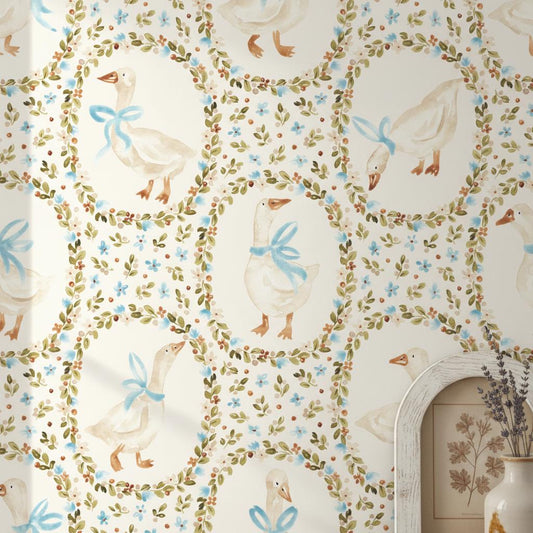 Whimsical Goose Wallpaper Floral Wreaths | Farmhouse Nursery Decor | Cottage Kids Room | Peel and Stick