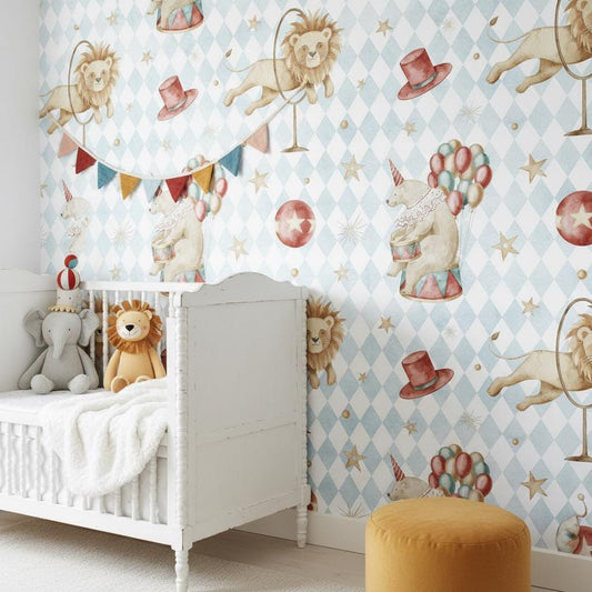 Circus Animal Wallpaper Nursery | Vintage Bear Lion Balloons | Whimsical Kids Room Decor | Peel and Stick