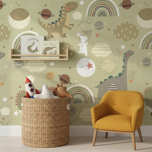 Space Dinosaur Wallpaper Kids Room | Rainbow Planet Nursery Decor | Whimsical Dino Galaxy | Peel and Stick