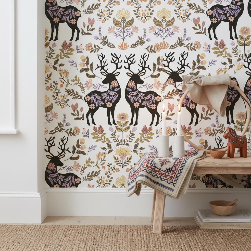 Folk Art Deer Wallpaper Botanical | Scandinavian Floral Nursery | Nordic Animal Pattern | Peel and Stick