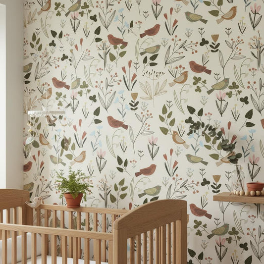 Botanical Bird Wallpaper Cream | Wildflower Nursery Decor | Nature Inspired Kids Room | Peel and Stick