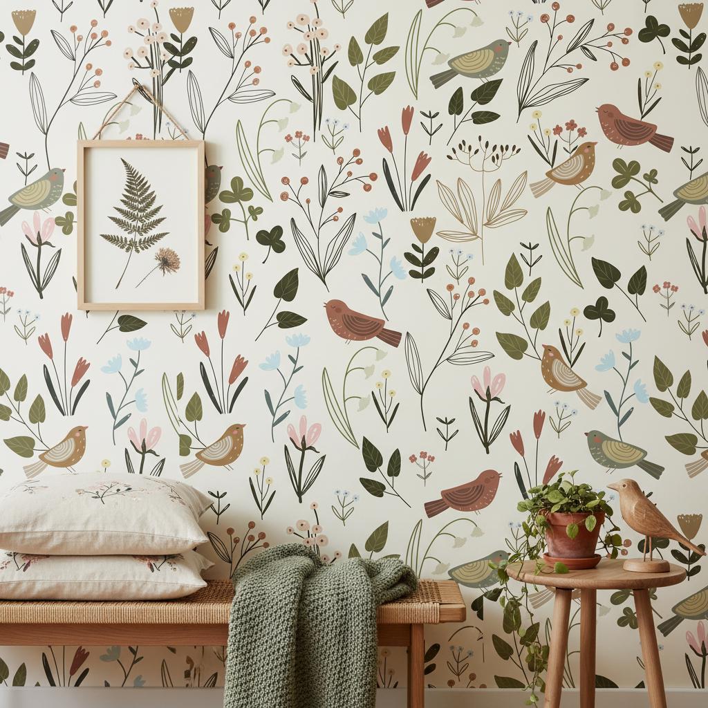 Botanical Bird Wallpaper Cream | Wildflower Nursery Decor | Nature Inspired Kids Room | Peel and Stick