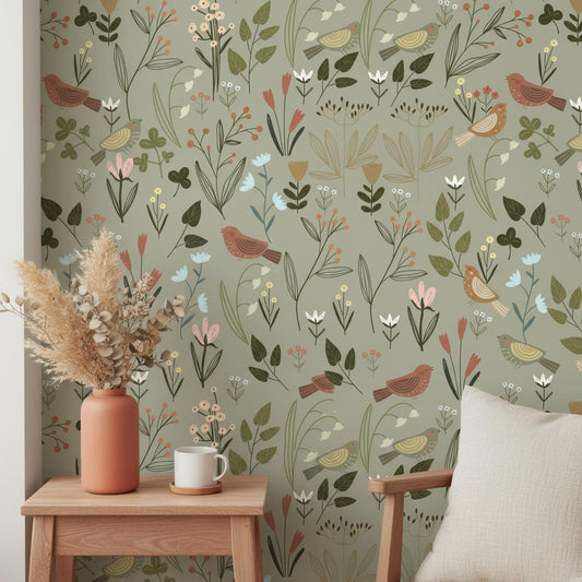 Botanical Bird Wallpaper Sage Green | Wildflower Nursery Decor | Nature Inspired Kids Room | Peel and Stick