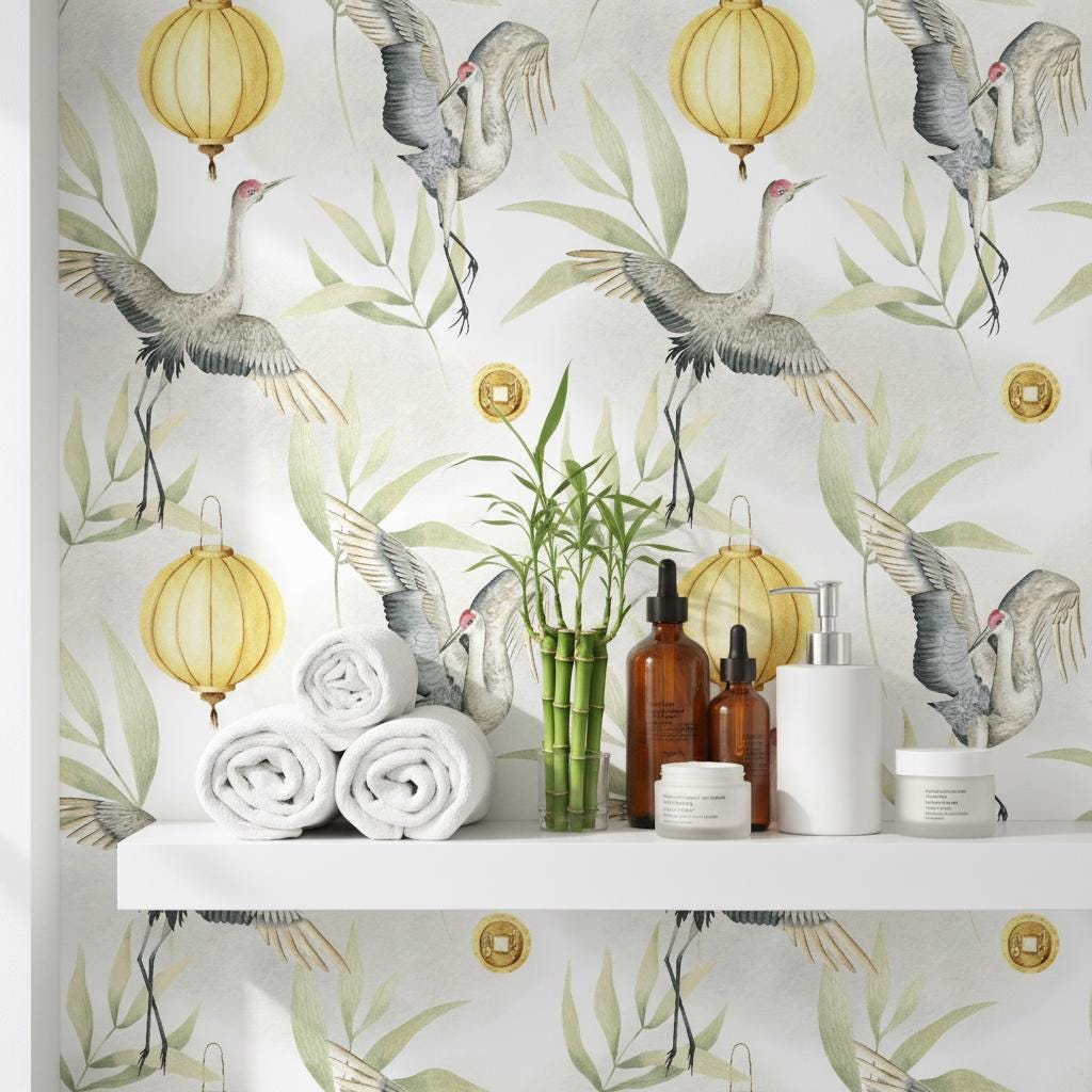 Chinese Crane Wallpaper | Gold Lantern Asian Wall Mural | Watercolor Bamboo Decor | Peel and Stick Removable Wallpaper