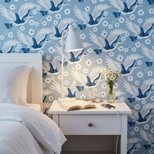 Blue Crane Wallpaper | White Daisy Flower Wall Mural | Coastal Japanese Decor | Peel and Stick Removable Wallpaper