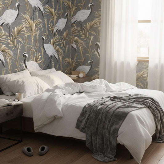 Luxury Crane Wallpaper | Dark Grey Gold Tropical Wall Mural | Asian Elegant Decor | Peel and Stick Removable Wallpaper